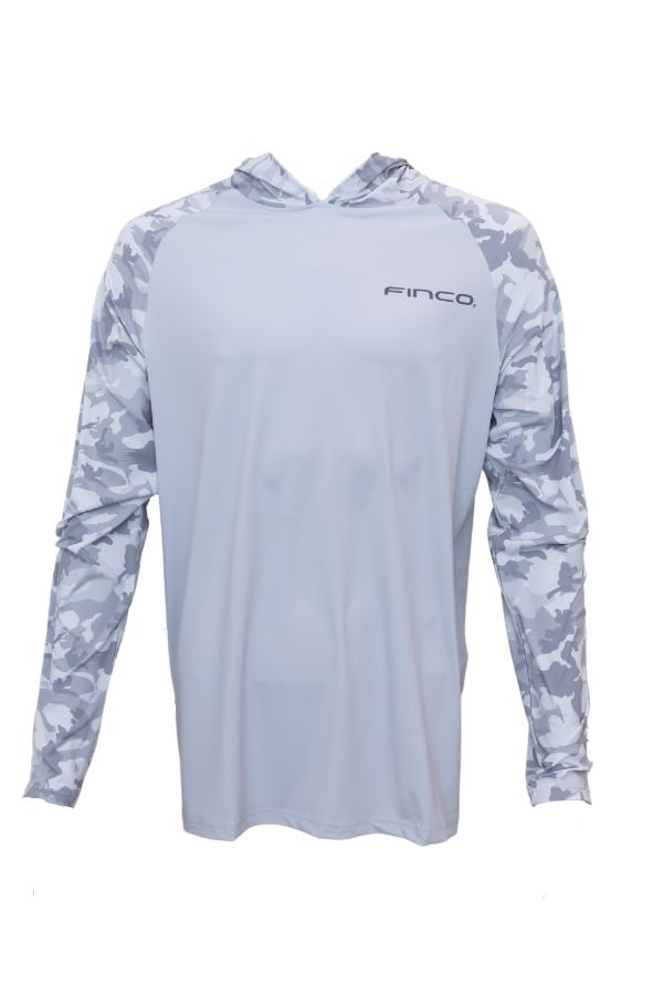 gray deep sea performance long sleeve shirt with camo sleeves and hoodie